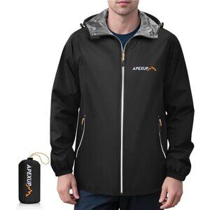 Mens Waterproof Rain Jacket Packable Lightweight Hooded Outdoor Sports Coat